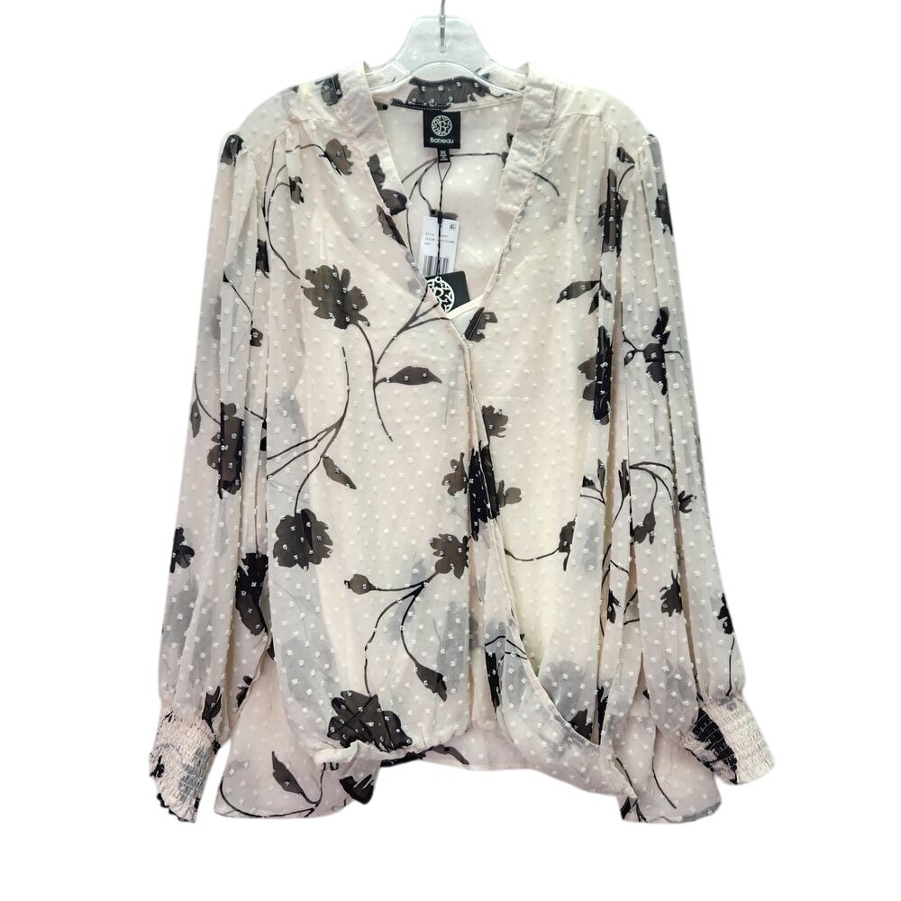 Bobeau Sheer Floral Swiss Dot Blouse‎ Long Sleeve Wrap Top White Black 3X Plus